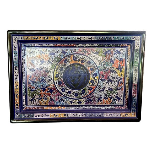 Other - Vtg Burmese Myanmar Tray Indigo Birds Hand Painted Black Lacquer